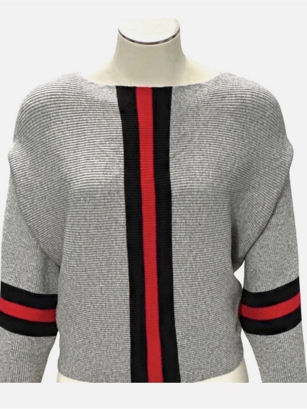 Say What? Women’s Grey Ribbed Sweater with Red & Black Stripe Detail